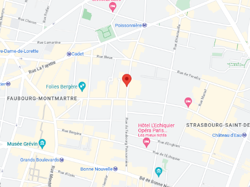 Carte affichant l'adresse 53 Rue du Faubourg Poissonnière, située dans le 9e arrondissement de Paris.